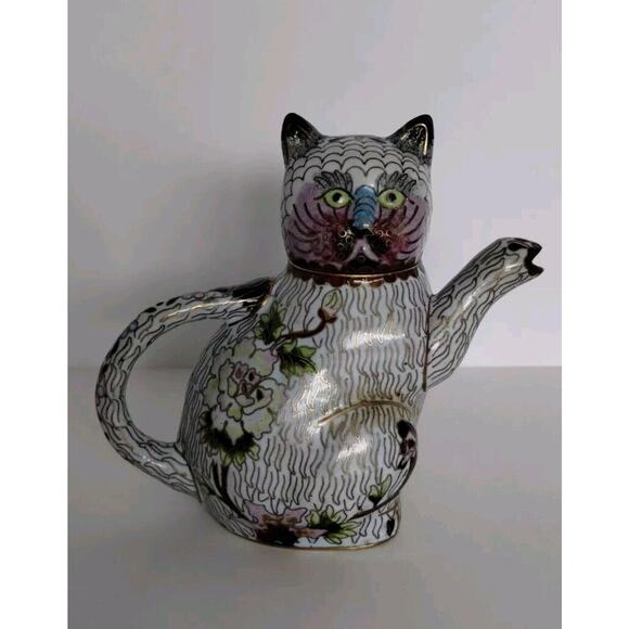 Vintage Figural Cat Cloisonné Teapot 5.5 in L x 5in H x 3in W - Picture 3 of 6